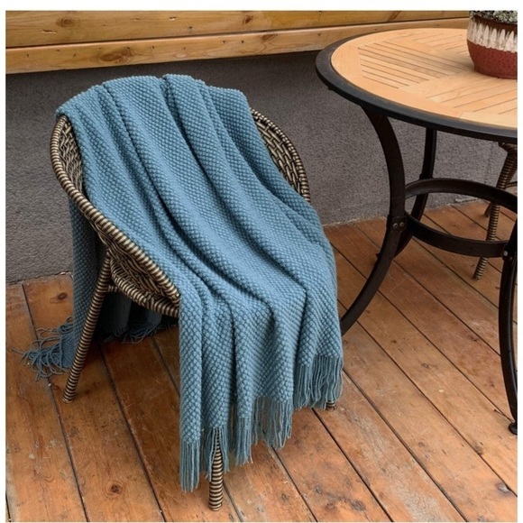 Cozy Knit Turquoise Teal Fringe Warm Blanket/Shawl for Couch/Bedroom/Dorm/Patio - Picture 7 of 16